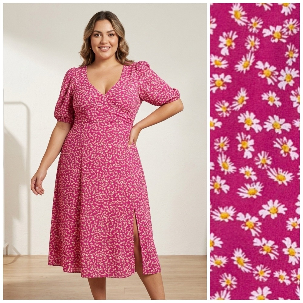 NWT WAYF XL Puff Sleeve Side Slit Floral Print Midi Dress Pink Daisy Sundress